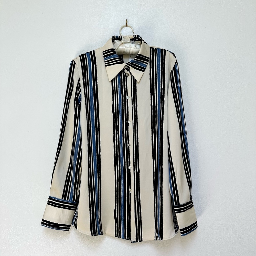 NWT Mango MNG Women's Satin Striped Button Down Shirt - Black and Blue